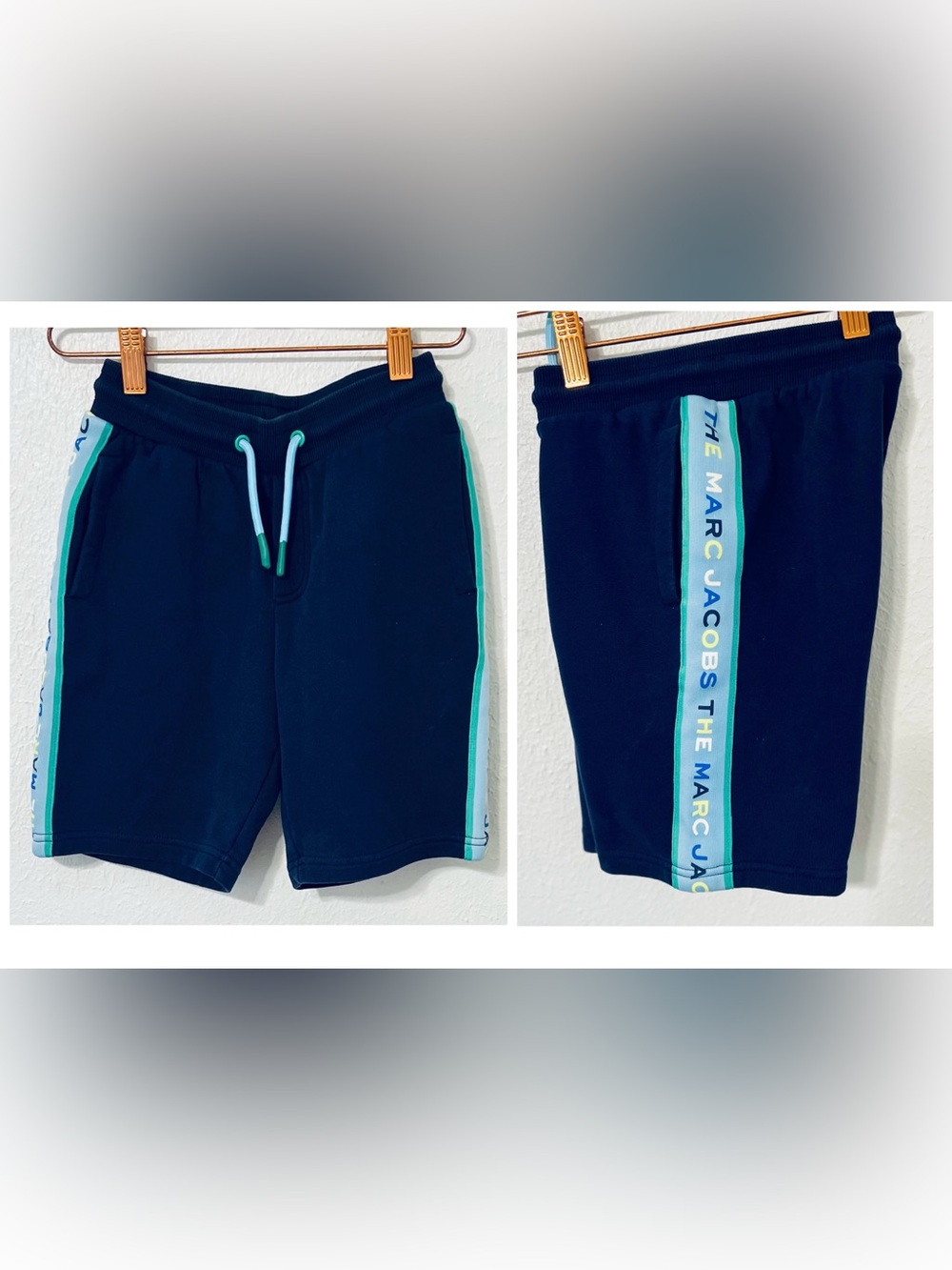 Marc Jacobs Navy Shorts with Aqua Side Stripe Cotton Athleisure Casual Weekend